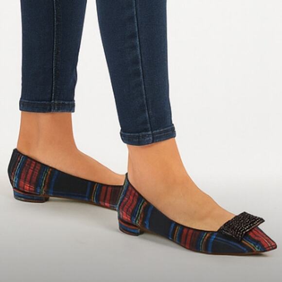 J.Crew SZ 8.5 Pointed-toe flats in Red & Black Tartan Crystal Black Bows NEW - Picture 1 of 8